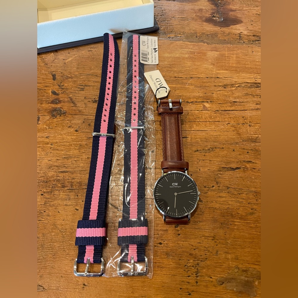 Daniel Wellington Black Dial Watch with Brown Leather Strap and Navy Pink NATO